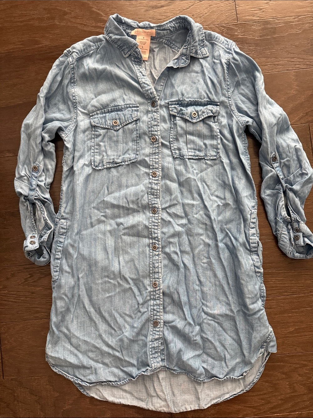 Philosophy Blue Chambray Lyocell Button Front Collared Shirt Dress, Sz S